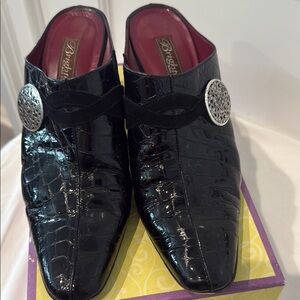 Brighton Black and Silver Mules with Silver Medallion